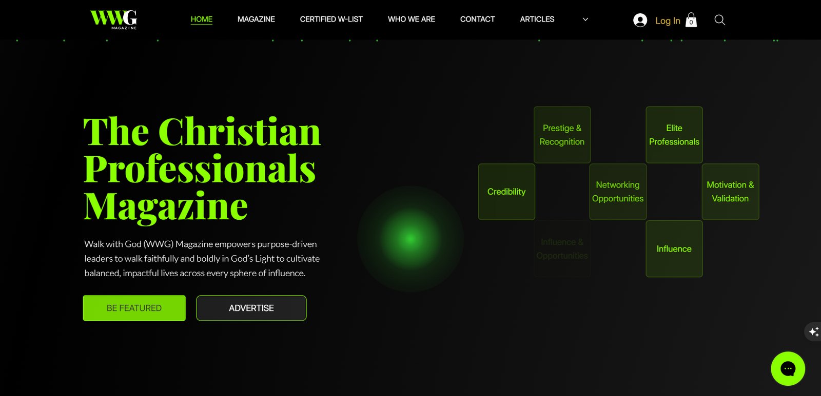 WWG Magazine homepage on desktop, The Christian Professionals Magazine headline in electric green over black, with a grid of benefit tiles
